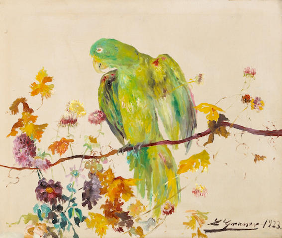 Luis Graner y Arrufi (Spanish, 1863-1929) A parrot on a branch 25 x 30in (63.5 x 76.2cm)