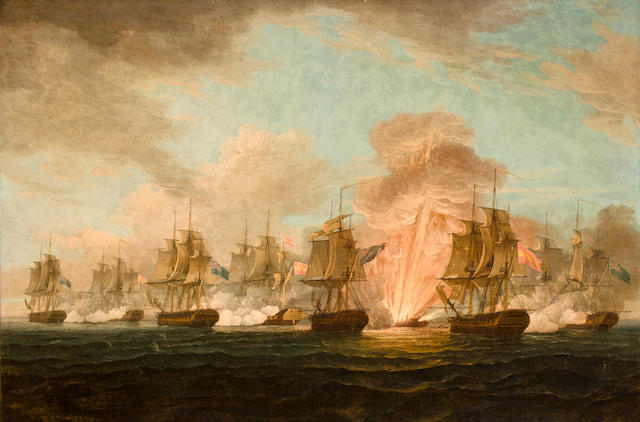Thomas Whitcombe (British, 1760-1824) The Battle of Cape Santa Maria 36-1/2 x 55 in. (92.7 x 139.7 cm.)
