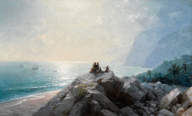 Ivan Konstantinovich Aivazovsky (Russian, 1817-1900) 'Arrival of the Columbus flotilla to the American coast'