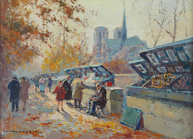 Edouard Henri Leon Cortès (French, 1882-1969) Bouquinistes along the Seine 13 x 18in (33 x 45.8cm)
