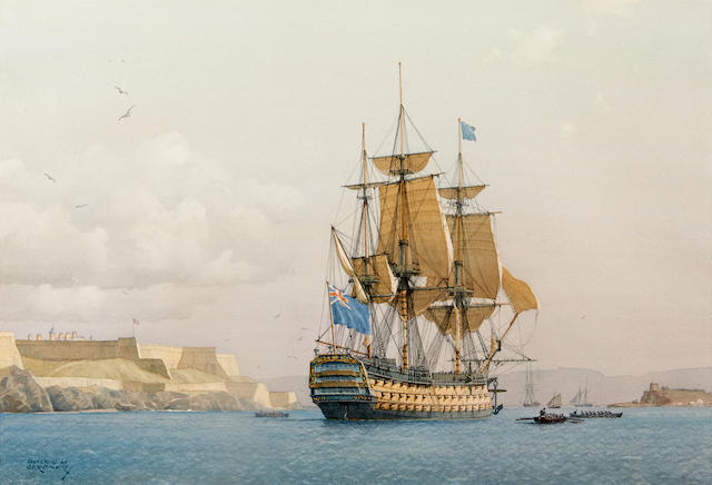 Derek George Montague Gardner (British, 1914-2007) The H.M.S. Royal Sovereign off of Fort Manoel, Valletta, Malta 13-1/2 x 20 in. (34.2 x 50.8 cm.), sight. [not examined out of the frame]