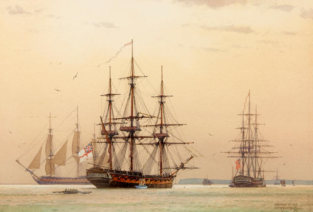 Derek George Montague Gardner (British, 1914-2007) Frigates in Torbay, September 1794 8-3/4 x 13 in. (22.2 x 33 cm.), sight. [not examined out of the frame]