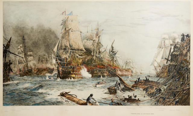 A pair of prints relating to the Battle of Trafalgar and another naval action (2)