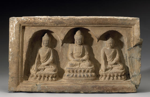 Bonhams : A molded pottery Buddhist tile Yuan Dynasty