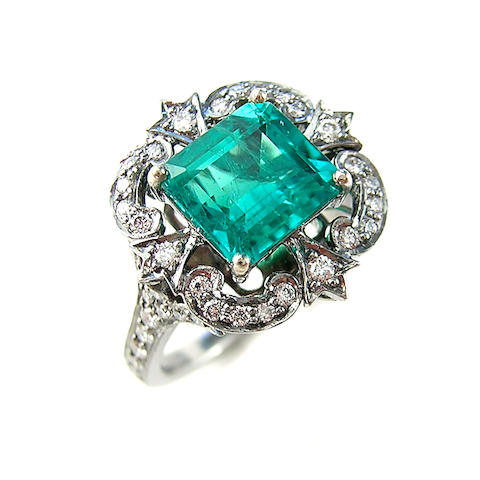 Bonhams : An emerald, diamond and eighteen karat blackened gold ring