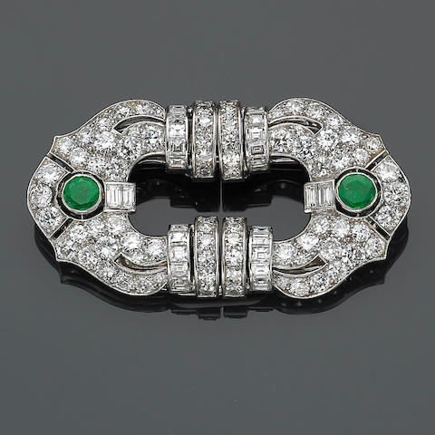 Bonhams : An art deco emerald, diamond and platinum double-clip brooch ...