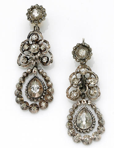 Bonhams : A pair of antique diamond pendant earrings,