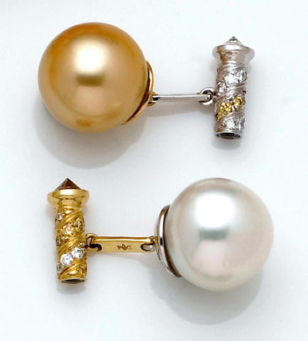 Bonhams : A pair of South Sea cultured pearl and gem-set cufflinks