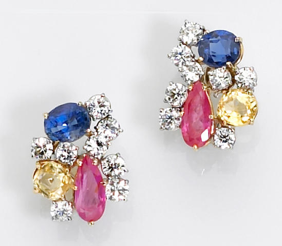 Bonhams : A pair of multi-color sapphire and diamond earrings, Ruser