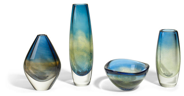 Bonhams : A group of four Orrefors glass Kraka vessels designed by Sven ...