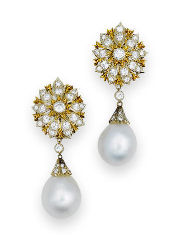 Bonhams : A pair of South Sea cultured pearl and diamond earrings ...