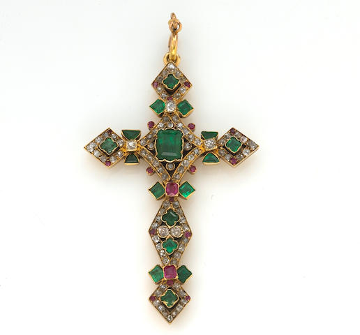 Bonhams : An emerald, ruby and diamond cruciform pendant