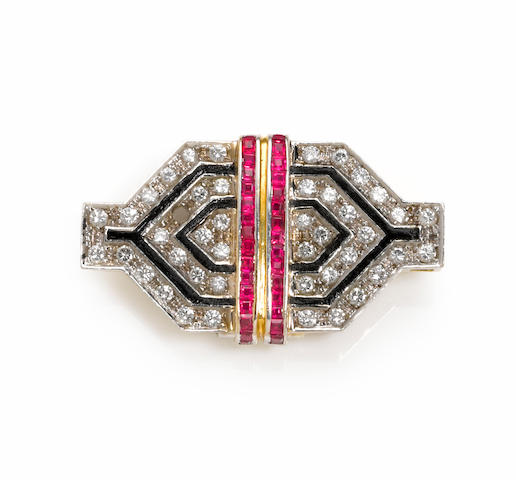 Bonhams : A diamond, enamel and ruby geometric brooch