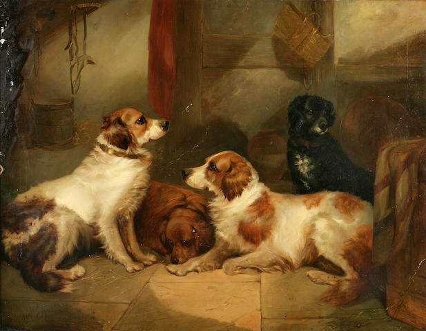 Bonhams : George Armfield (British, 1810-1893) Four dogs in a kennel 27 ...