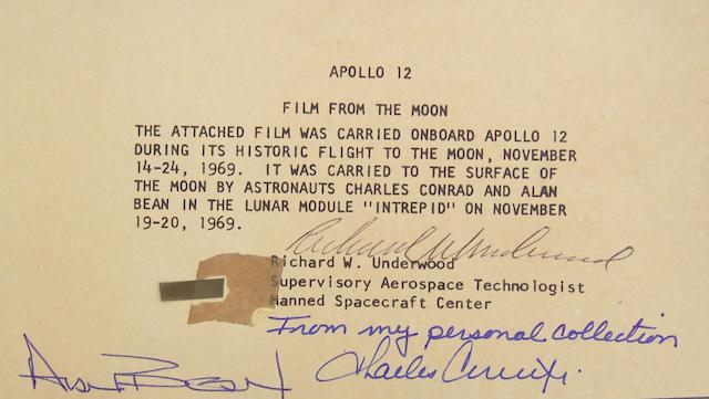 Bonhams Flown Apollo Xii Film Segment 70mm Hasselblad Camera Film Segment X Inch Placed Onto A Certificate Issued And Signed By Richard W Underwood Supervisory Aerospace Technologist At The
