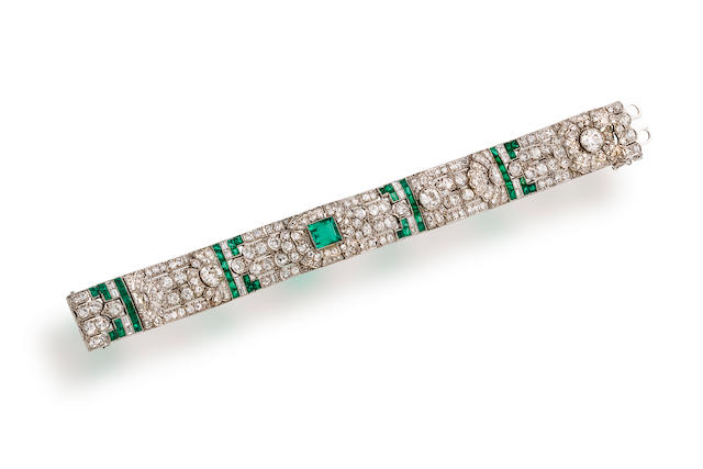 Bonhams : An art deco emerald and diamond bracelet,