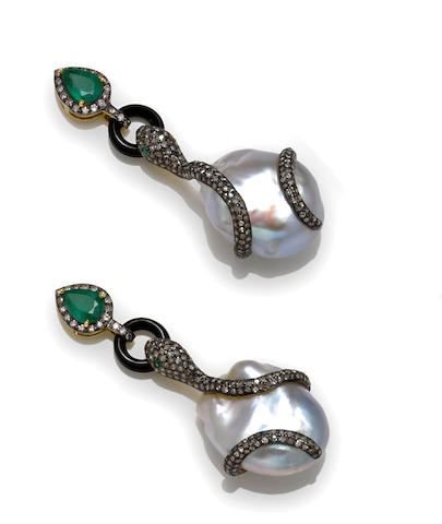 Bonhams : A pair of baroque South Sea cultured pearl, diamond, emerald ...