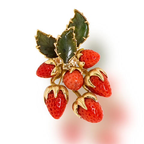 Bonhams : A coral, nephrite jade and yellow sapphire brooch, Tony Duquette