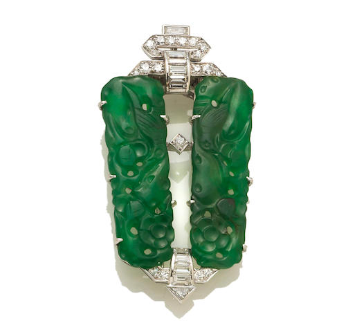 Bonhams : A jadeite jade and diamond clip brooch