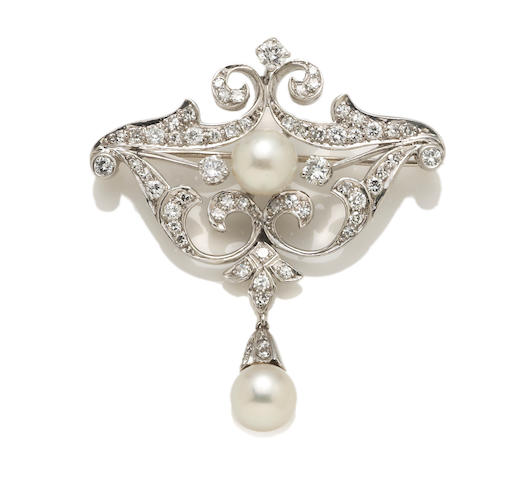 Bonhams : A cultured pearl and diamond brooch