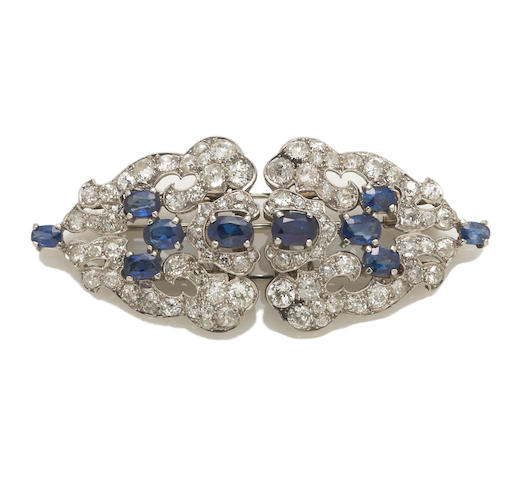 Bonhams : An art deco sapphire and diamond double-clip brooch,
