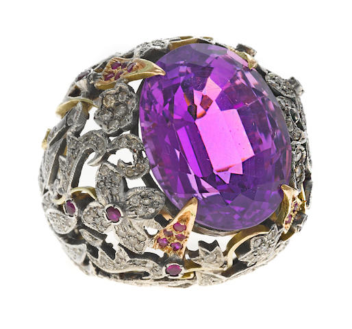 Bonhams : An amethyst, ruby and diamond flower motif ring