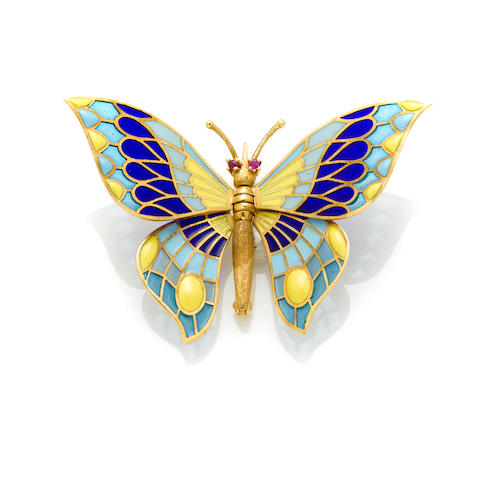 Bonhams : A gem-set, plique-a-jour and 18k gold butterfly brooch