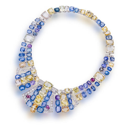 Bonhams : A multi-colored sapphire and diamond necklace