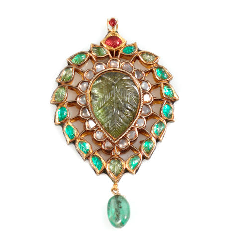 Bonhams : A gem-set, diamond, enamel, floral and leaf patterned pendant