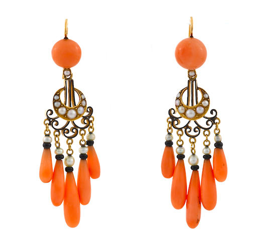 Bonhams : A pair of coral, seed pearl, black onyx and enamel chandelier ...
