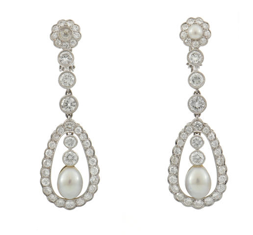 Bonhams : A pair of diamond and cultured pearl pendant earrings