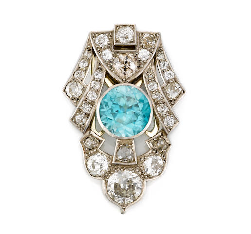 Bonhams : A blue zircon and diamond dress clip
