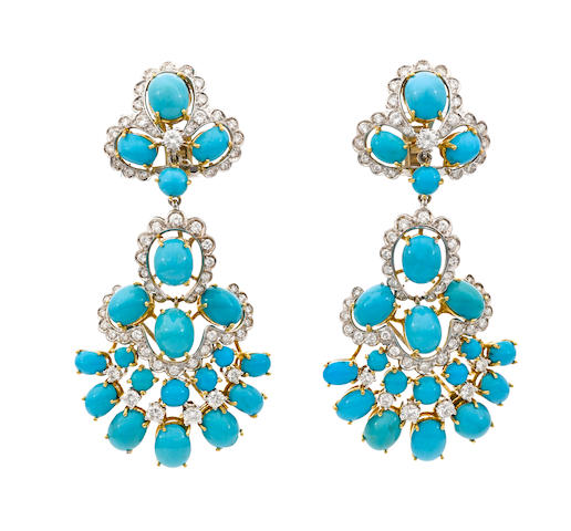 Bonhams : A pair of turquoise and diamond day/night earrings