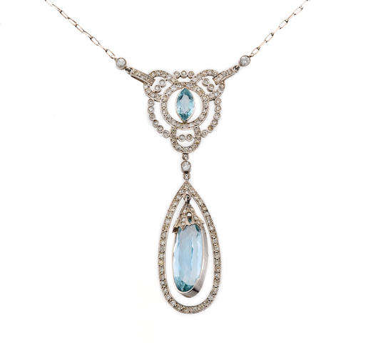 Bonhams : An aquamarine and diamond pendant/necklace