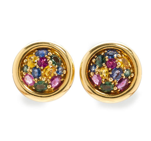 Bonhams : A pair of multi-color sapphire button earclips, Chaumet, Paris