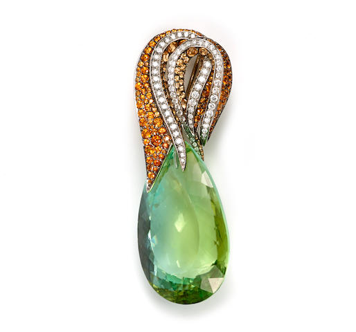 Bonhams : A bluish-green tourmaline, spessartite garnet and diamond pendant