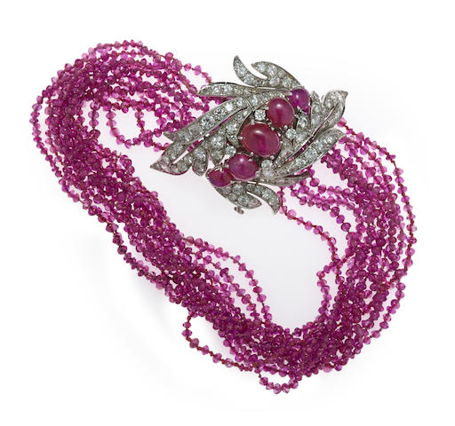 Bonhams : A pink sapphire, ruby and diamond multi-strand bracelet
