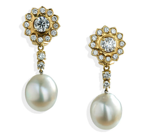 Bonhams : A pair of South Sea cultured pearl and diamond day/night earrings