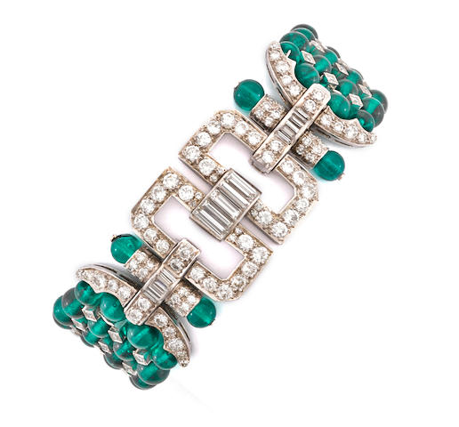 Bonhams : A green glass bead and diamond bracelet