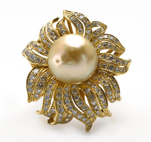 Bonhams : A colored South Sea cultured pearl and diamond flower ring