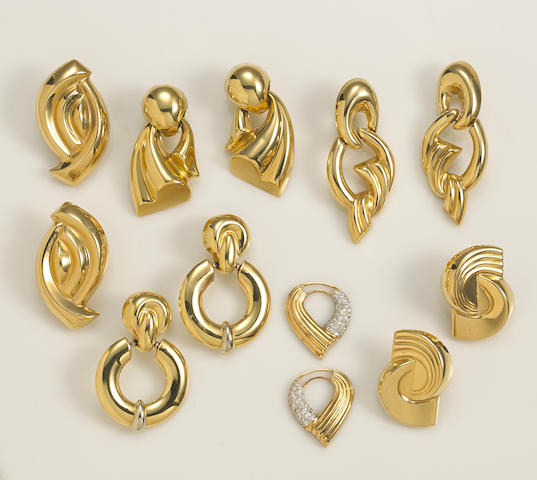Bonhams : A collection of five pairs of 14k gold electroform earrings ...