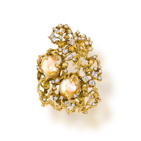 Bonhams : A baroque cultured pearl, diamond and colored diamond pendant ...
