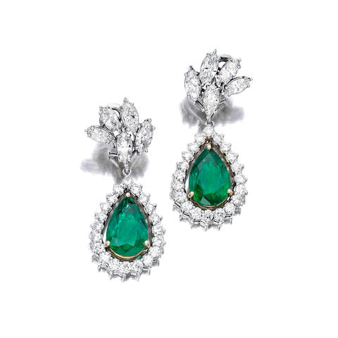 Bonhams : A pair of diamond and emerald day/night earrings