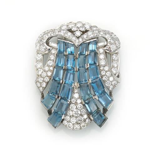 Bonhams : An art deco aquamarine and diamond brooch,