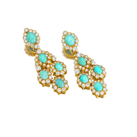 Bonhams : A pair of turquoise and diamond pendant earrings, Van Cleef ...