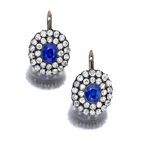 Bonhams : A pair of sapphire and diamond earrings, Russian
