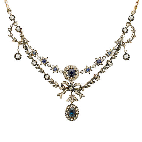 Bonhams : An antique sapphire and diamond swag necklace,