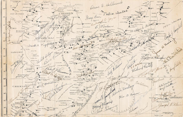 Bonhams Doolittle Raid Map Of The Northern Pacific Theater Signed By 60 Members Of The Flight Crews Before Take Off On The Uss Hornet C 17 April 1942 17 X 11in 43 X 28cm