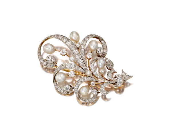 Bonhams : An Antique diamond and natural pearl brooch