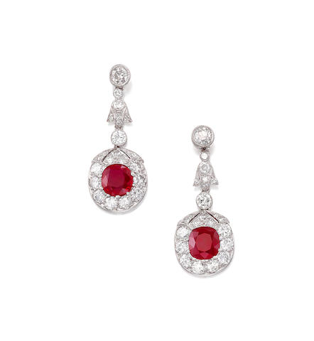 Bonhams : A pair of ruby and diamond ear pendants